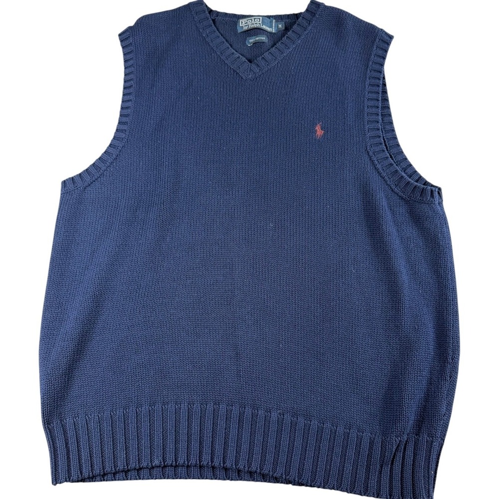Polo Ralph Lauren Mens Navy Blue Cotton V-Neck Sweater Vest Red Pony Logo Size M